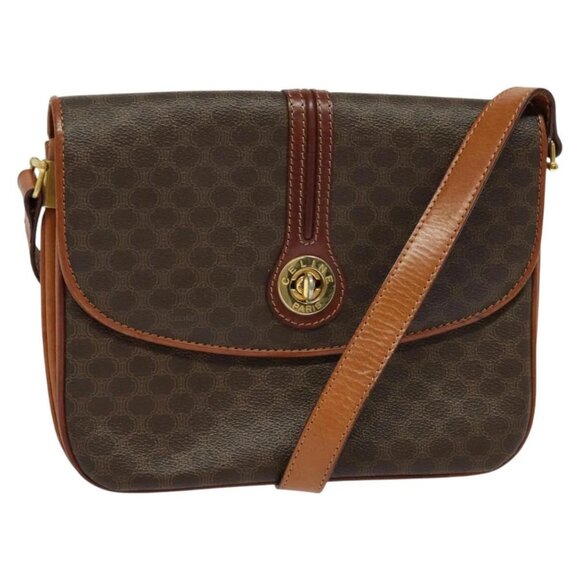 CELINE Macadam Canvas Shoulder Bag PVC Leather Brown Gold - Picture 1 of 16